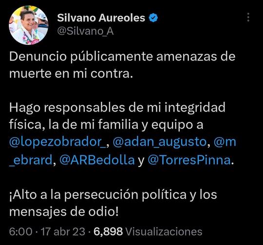 Denuncia Silvano amenazas de muerte en su contra