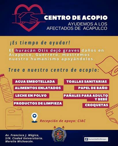 UMSNH tiene habilitado centro de acopio para apoyar a la población de Acapulco