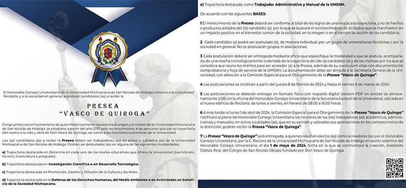 UMSNH abre convocatoria para la Presea “Vasco de Quiroga” 2024