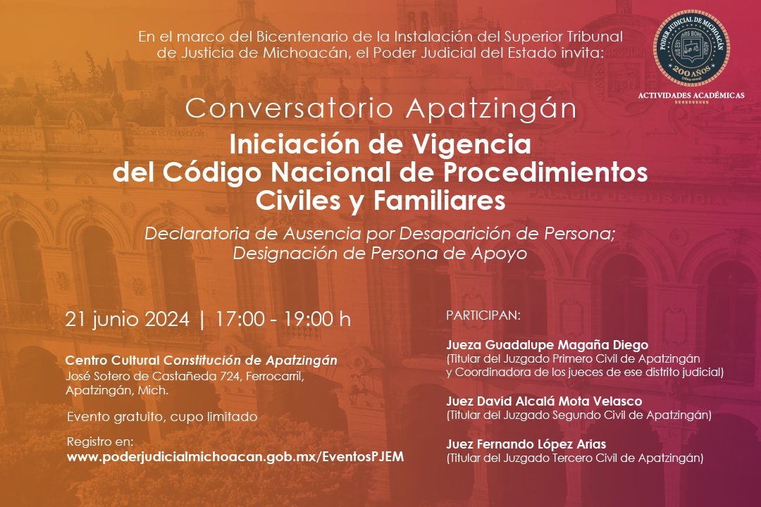 Apatzingán será sede del conversatorio para analizar el nuevo Código Nacional de Procedimientos Civiles y Familiares
