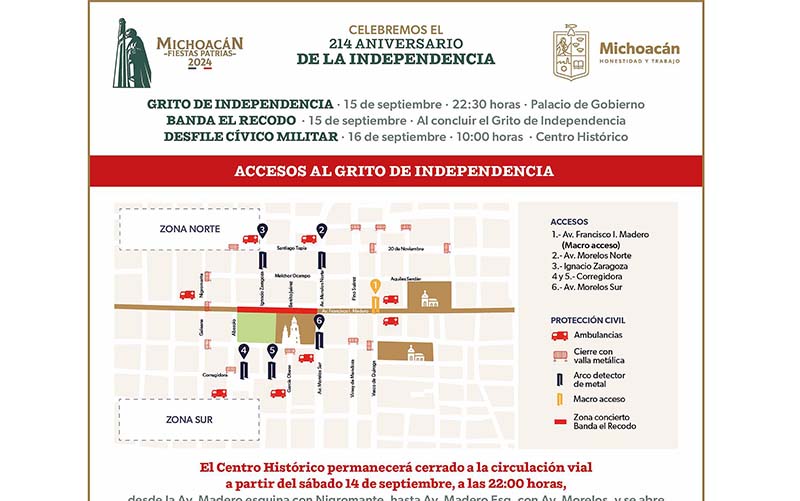 Estos serán los 6 puntos de acceso para el Centro Histórico de Morelia, por fiestas patrias