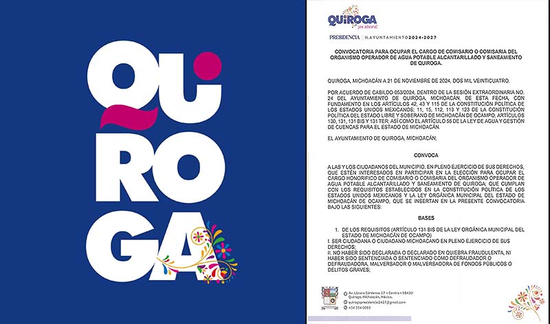 Emite Gobierno de Quiroga convocatoria para Comisario o Comisaria del Organismo Operador de Agua Potable, Alcantarillado y Saneamiento