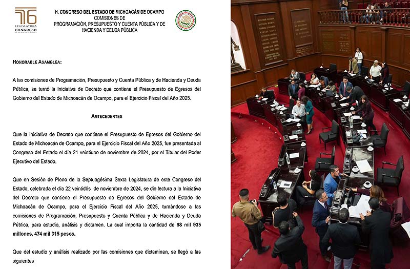 Por unanimidad aprobado el Presupuesto de Egresos de Michoacán, por casi 100 mil millones de pesos