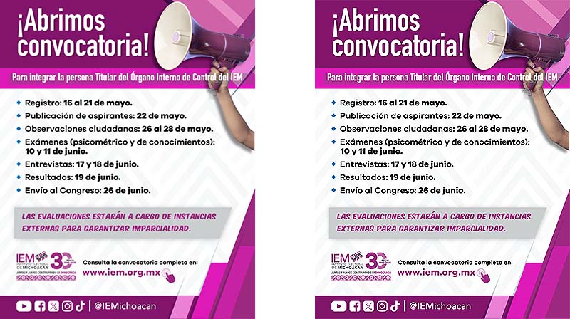 Inicia recepción de documentos para ocupar la titularidad del órgano de control interno del IEM