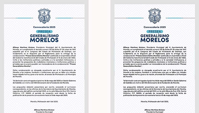 Abierta, la convocatoria del Gobierno de Morelia para la Presea Generalísimo Morelos