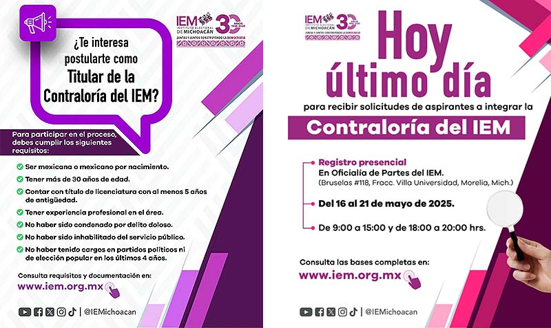 Hoy, último día para registrarse a la convocatoria del Órgano Interno de Control del IEM